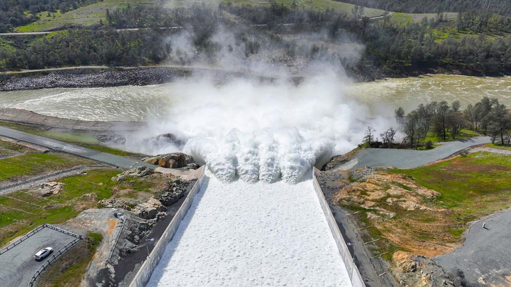 Water rushes out of Northern California's Oroville spillway on Feb. 17, 2023. (DWR)